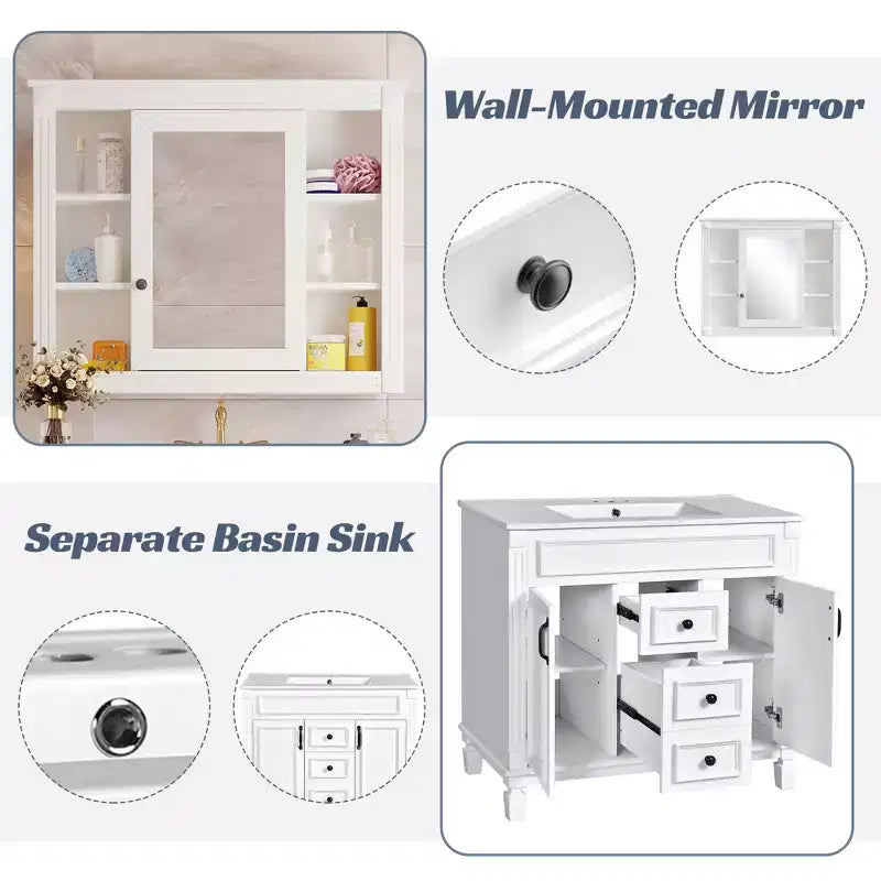 JVNOXK Mobile Bagno da 90 cm con Lavabo Integrato, Specchiera con 2 Ante con Chiusura Ammortizzata e 2 Cassetti, Bianco