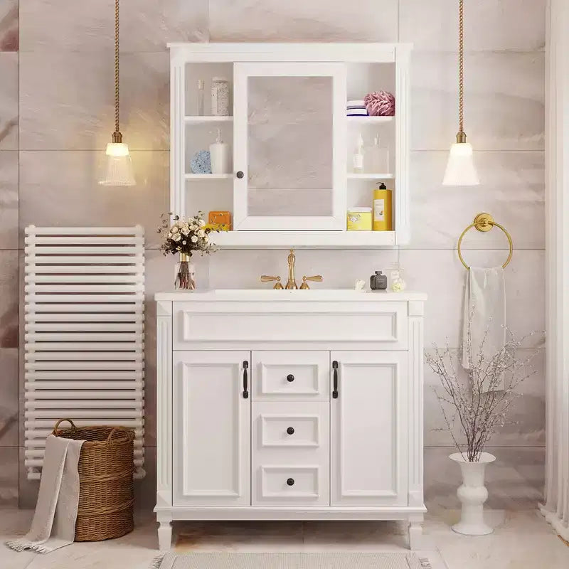 JVNOXK Mobile Bagno da 90 cm con Lavabo Integrato, Specchiera con 2 Ante con Chiusura Ammortizzata e 2 Cassetti, Bianco