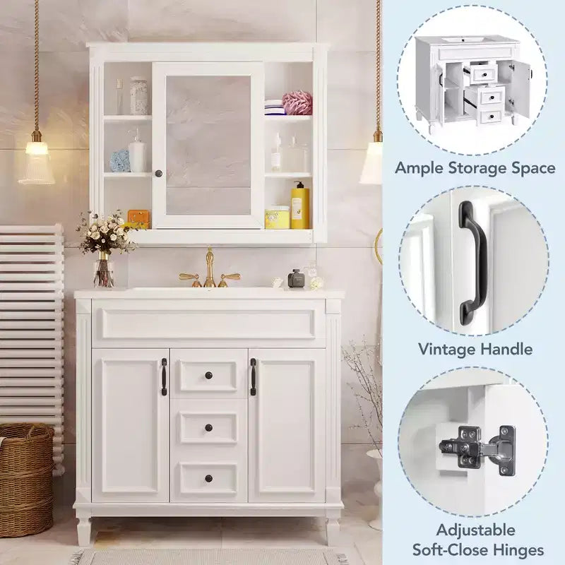 JVNOXK Mobile Bagno da 90 cm con Lavabo Integrato, Specchiera con 2 Ante con Chiusura Ammortizzata e 2 Cassetti, Bianco