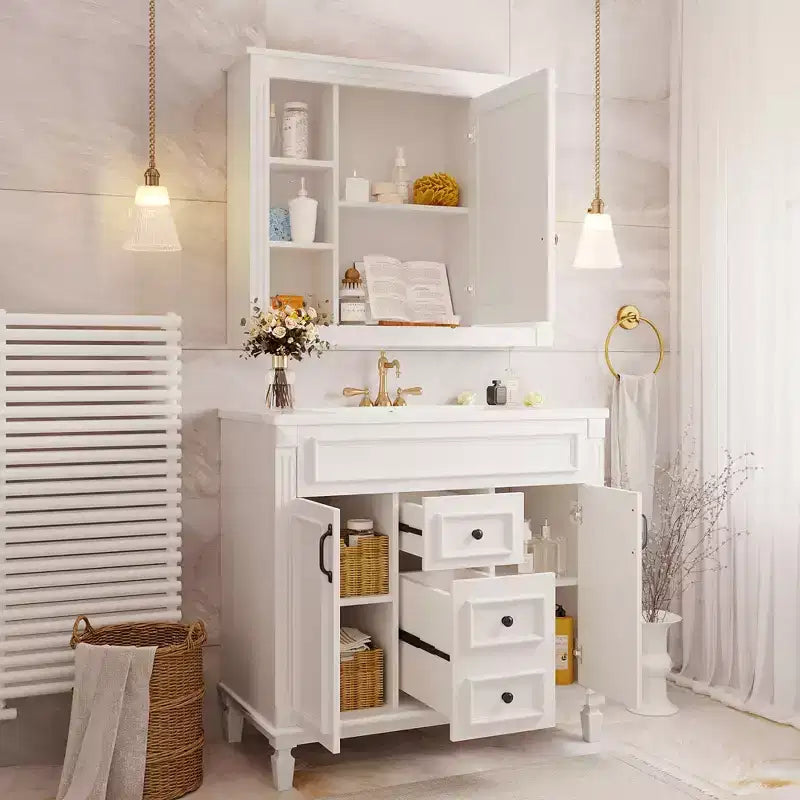 JVNOXK Mobile Bagno da 90 cm con Lavabo Integrato, Specchiera con 2 Ante con Chiusura Ammortizzata e 2 Cassetti, Bianco