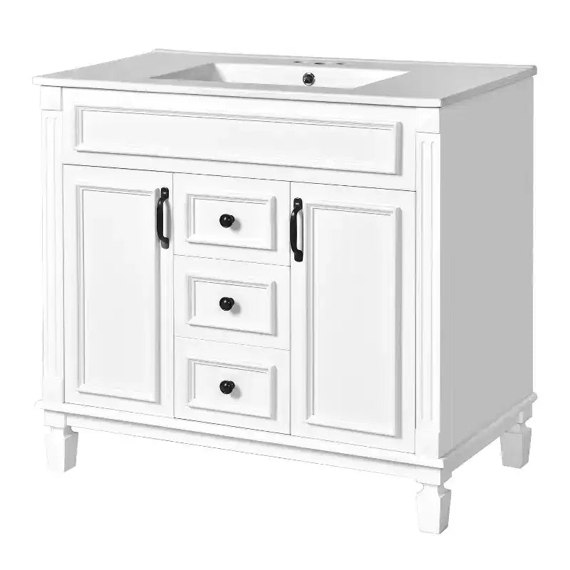 JVNOXK Mobile Bagno da 90 cm con Lavabo Integrato, Specchiera con 2 Ante con Chiusura Ammortizzata e 2 Cassetti, Bianco