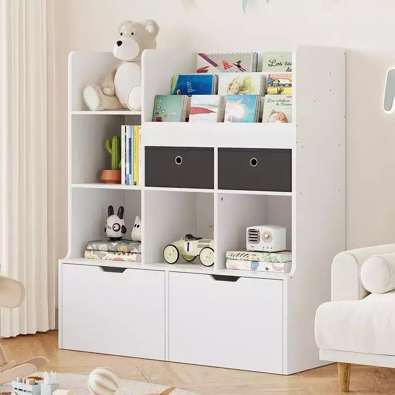 47.8in Kids Bookshelf with Drawers, Modern Toy Storage Organizer, Floor Storage Cabinet with Cubbies Wooden, Toy Chest Playroom, Nursery, Kids Room
