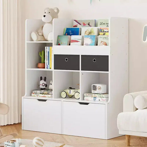 47.8in Kids Bookshelf with Drawers, Modern Toy Storage Organizer, Floor Storage Cabinet with Cubbies Wooden, Toy Chest Playroom, Nursery, Kids Room