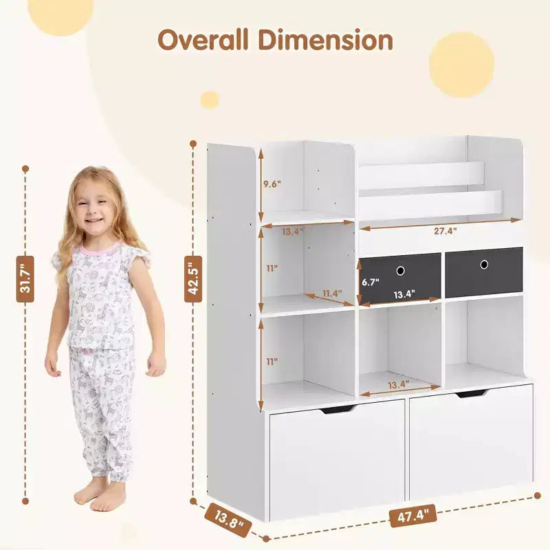 Libreria per bambini da 121,4 cm con cassetti, organizer moderno per giocattoli, mobiletto a pavimento con scomparti in legno, portagiochi per sala giochi, cameretta, stanza dei bambini