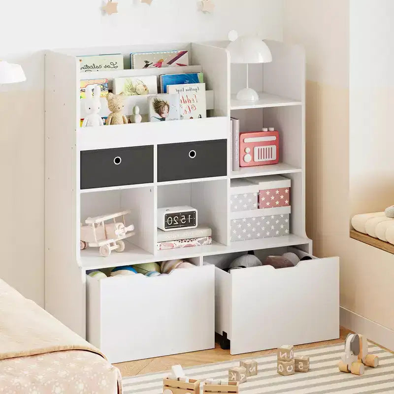 Libreria per bambini da 121,4 cm con cassetti, organizer moderno per giocattoli, mobiletto a pavimento con scomparti in legno, portagiochi per sala giochi, cameretta, stanza dei bambini