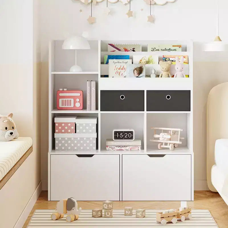 Libreria per bambini da 121,4 cm con cassetti, organizer moderno per giocattoli, mobiletto a pavimento con scomparti in legno, portagiochi per sala giochi, cameretta, stanza dei bambini