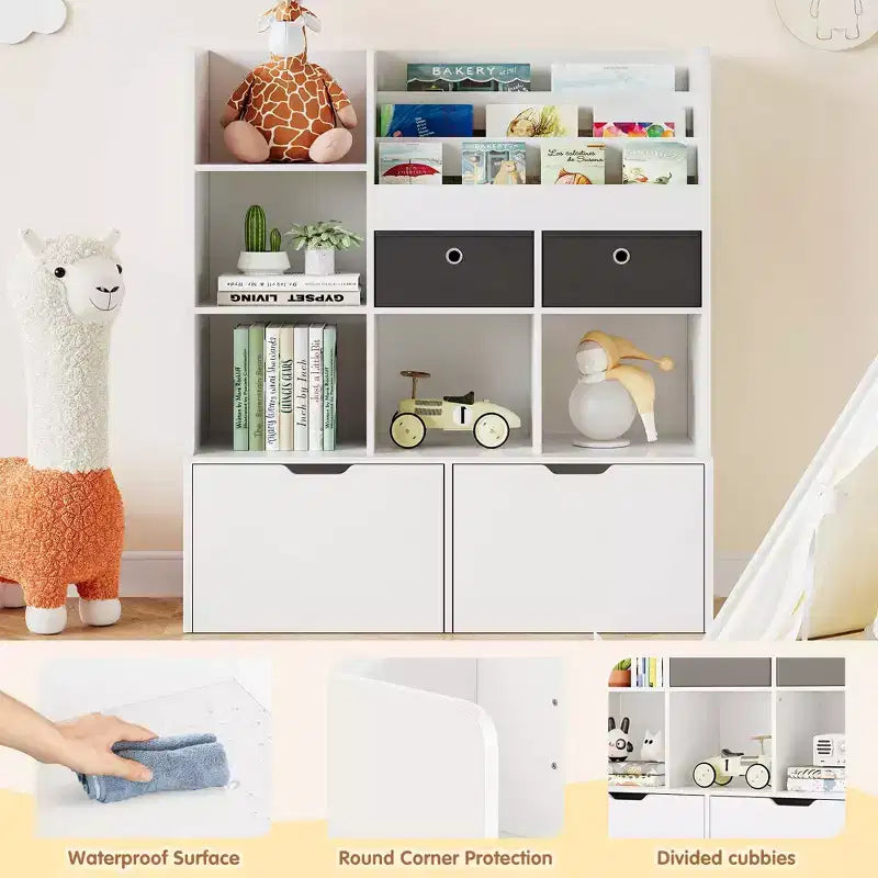 Libreria per bambini da 121,4 cm con cassetti, organizer moderno per giocattoli, mobiletto a pavimento con scomparti in legno, portagiochi per sala giochi, cameretta, stanza dei bambini