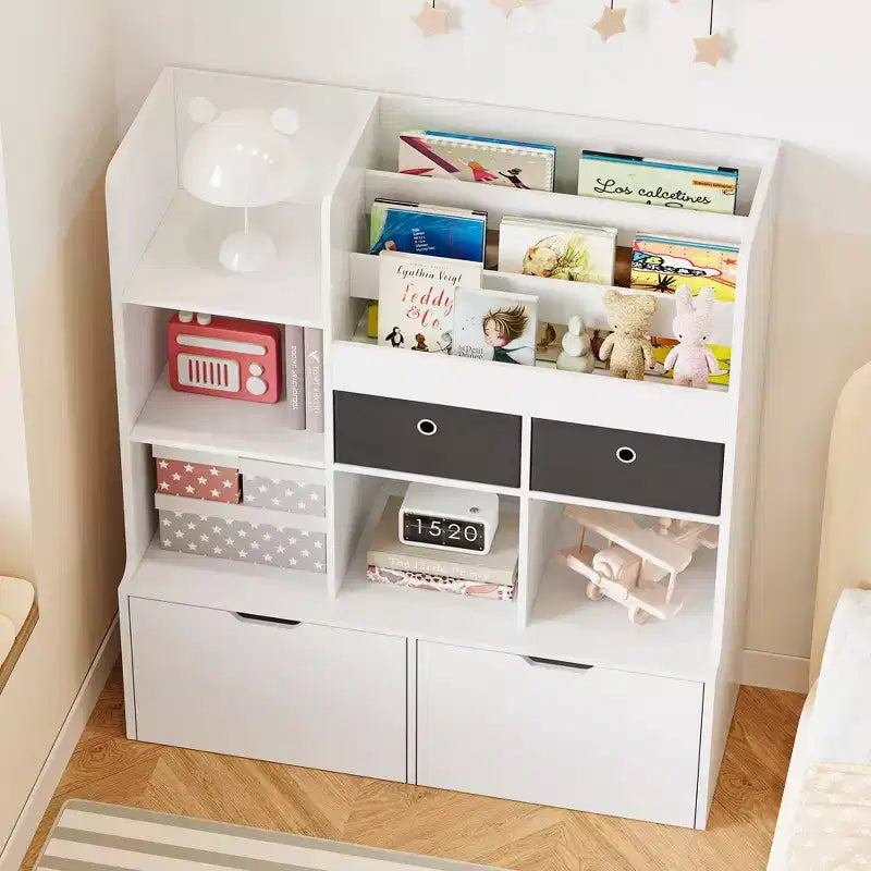 Libreria per bambini da 121,4 cm con cassetti, organizer moderno per giocattoli, mobiletto a pavimento con scomparti in legno, portagiochi per sala giochi, cameretta, stanza dei bambini