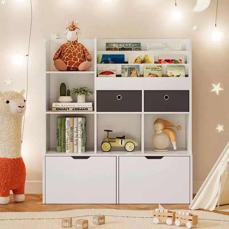 Libreria per bambini da 121,4 cm con cassetti, organizer moderno per giocattoli, mobiletto a pavimento con scomparti in legno, portagiochi per sala giochi, cameretta, stanza dei bambini