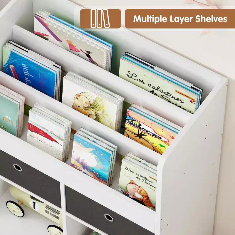 Libreria per bambini da 121,4 cm con cassetti, organizer moderno per giocattoli, mobiletto a pavimento con scomparti in legno, portagiochi per sala giochi, cameretta, stanza dei bambini