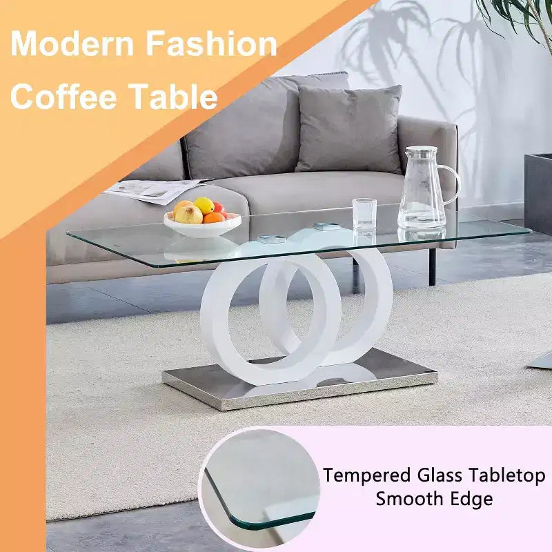 Tavolino da caffè in vetro per soggiorno, tavolino centrale, tavolino da soggiorno con piano in vetro temperato trasparente e stabile base a forma di O color legno