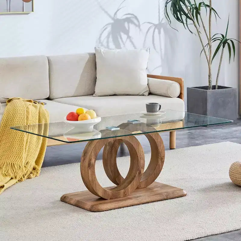Tavolino da caffè in vetro per soggiorno, tavolino centrale, tavolino da soggiorno con piano in vetro temperato trasparente e stabile base a forma di O color legno