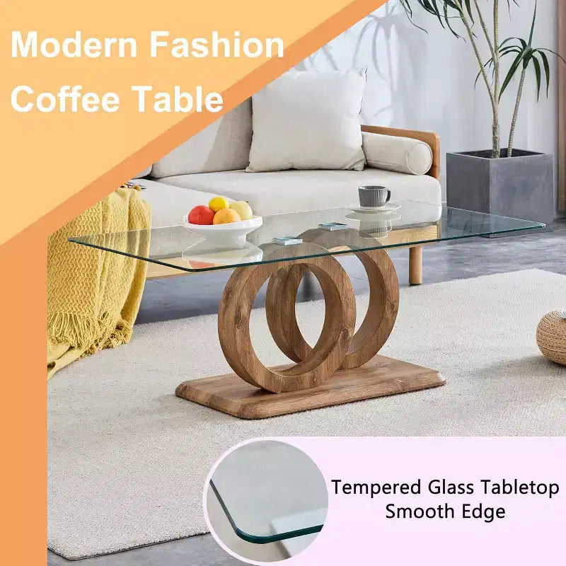 Tavolino da caffè in vetro per soggiorno, tavolino centrale, tavolino da soggiorno con piano in vetro temperato trasparente e stabile base a forma di O color legno