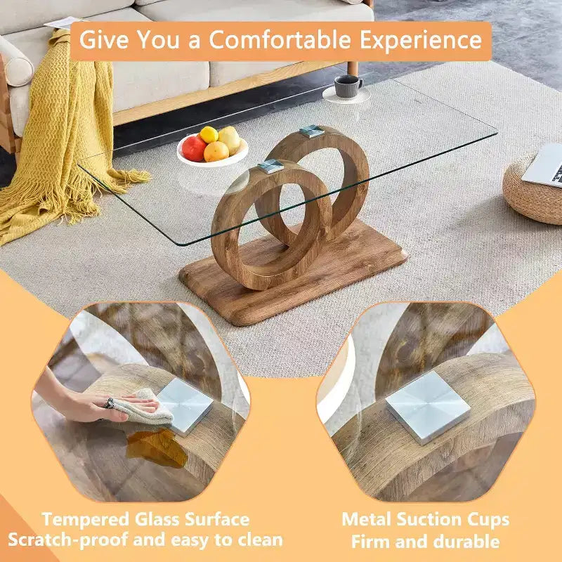 Tavolino da caffè in vetro per soggiorno, tavolino centrale, tavolino da soggiorno con piano in vetro temperato trasparente e stabile base a forma di O color legno