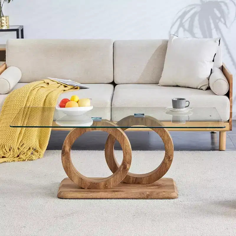 Glass Coffee Table for Living Room, Center Table, Living Room Table with Clear Tempered Glass Top and Steady Wood Color OO Shaped Base