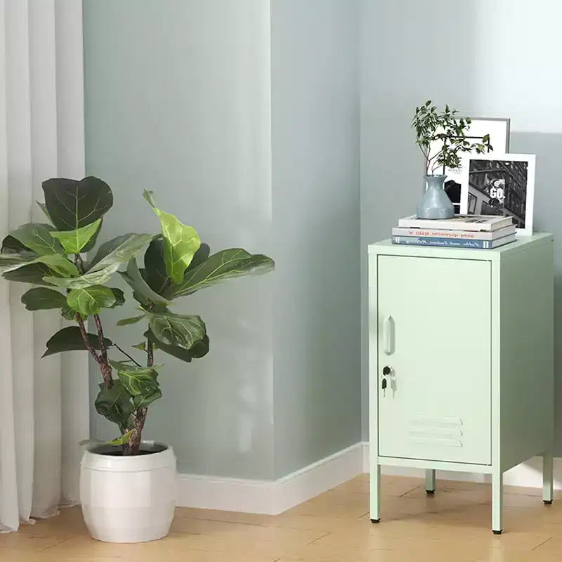 Comodino in Metallo con Ripiano, Tavolino Laterale in Metallo con Anta Singola e Serratura, Comodino Moderno, Mobiletto Versatile per Camera da Leto, Soggiorno