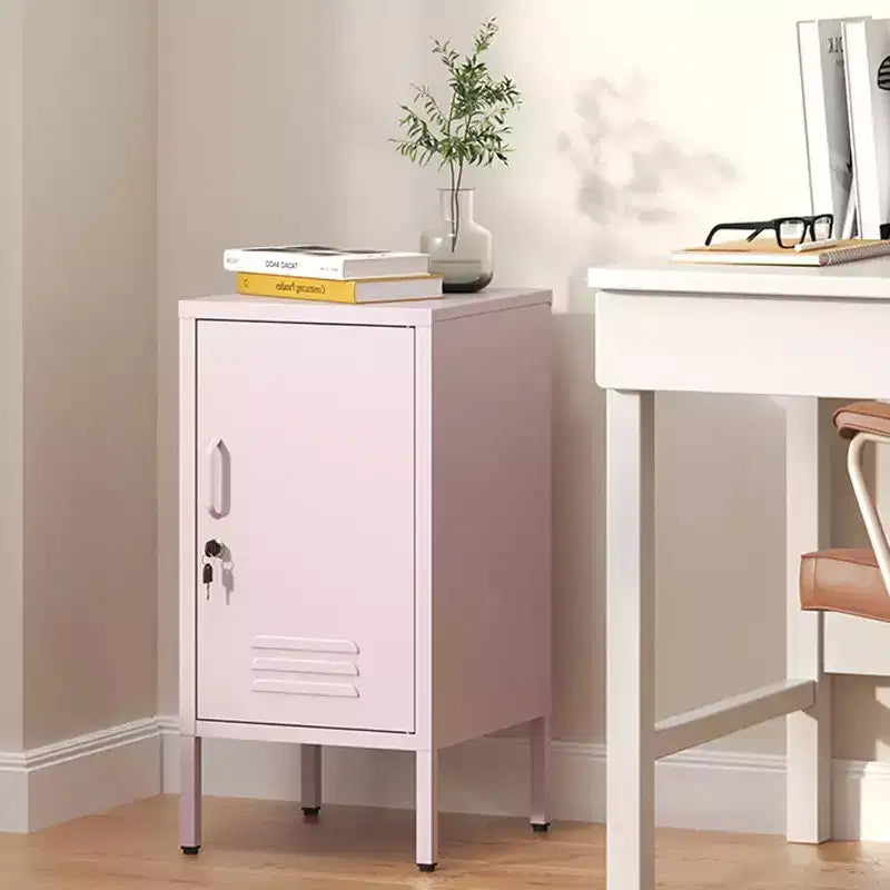 Comodino in Metallo con Ripiano, Tavolino Laterale in Metallo con Anta Singola e Serratura, Comodino Moderno, Mobiletto Versatile per Camera da Leto, Soggiorno