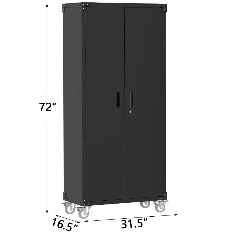 Armadietto con rotelle bloccabili da 72 pollici, per garage/magazzino, resistente - con anta traforata, armadio mobile in acciaio (nero)