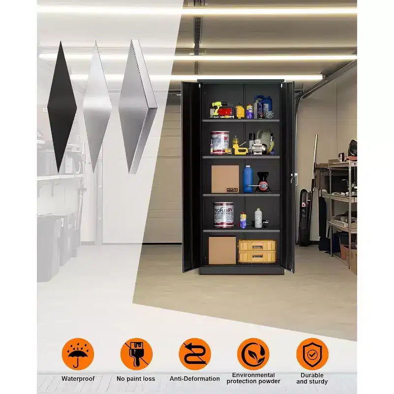 Armadietto con rotelle bloccabili da 72 pollici, per garage/magazzino, resistente - con anta traforata, armadio mobile in acciaio (nero)