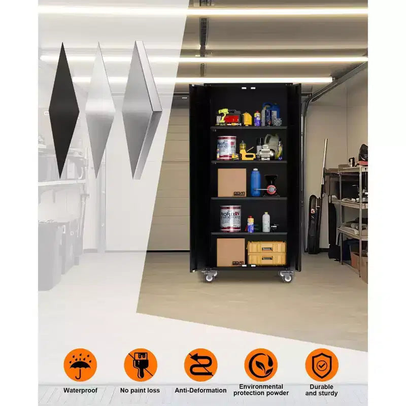 Armadietto con rotelle bloccabili da 72 pollici, per garage/magazzino, resistente - con anta traforata, armadio mobile in acciaio (nero)