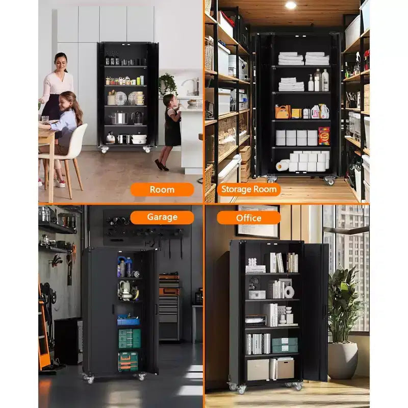 Armadietto con rotelle bloccabili da 72 pollici, per garage/magazzino, resistente - con anta traforata, armadio mobile in acciaio (nero)