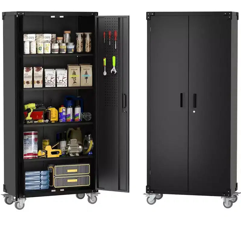 Armadietto con rotelle bloccabili da 72 pollici, per garage/magazzino, resistente - con anta traforata, armadio mobile in acciaio (nero)