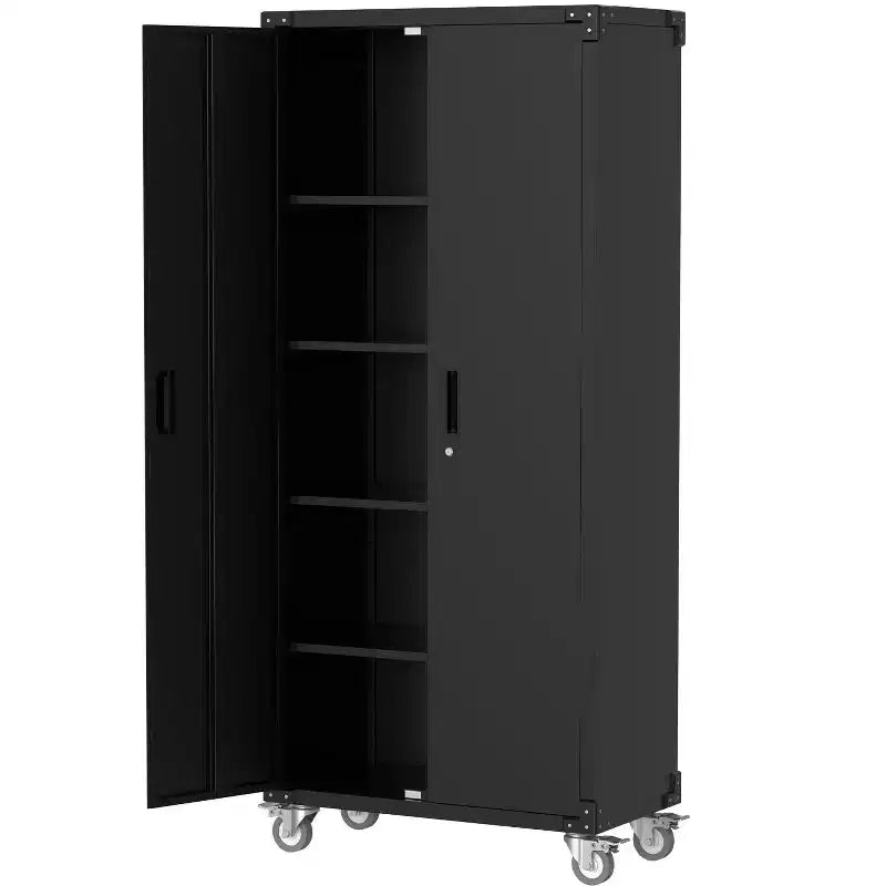 Armadietto con rotelle bloccabili da 72 pollici, per garage/magazzino, resistente - con anta traforata, armadio mobile in acciaio (nero)