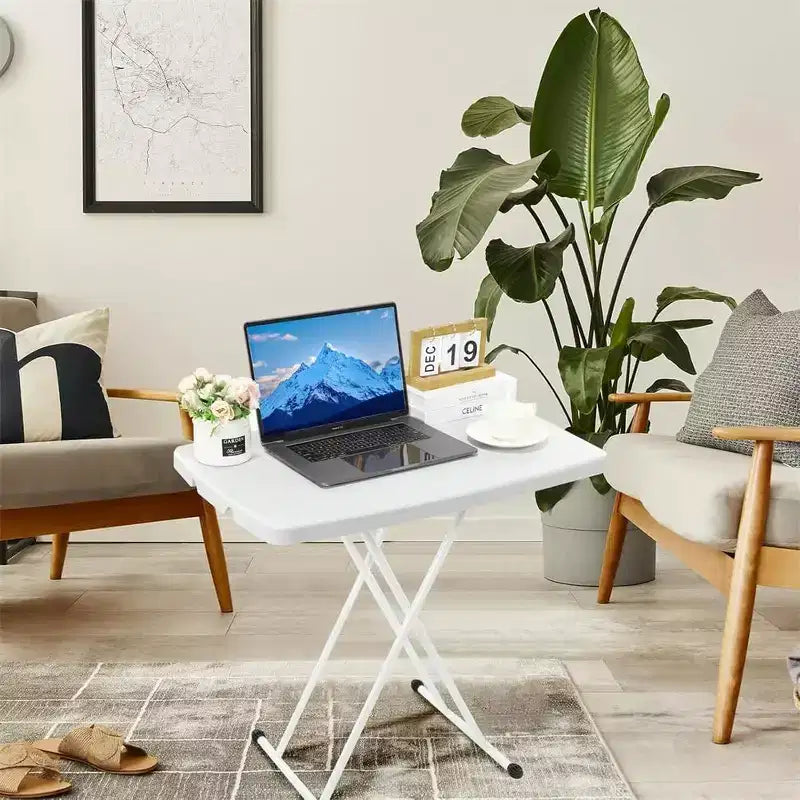 Small Height Adjustable Folding Table,Portable Plastic Foldable TV Tray with Metal x Frames,Rectangular Snack Laptop Table for Bedroom Living Room