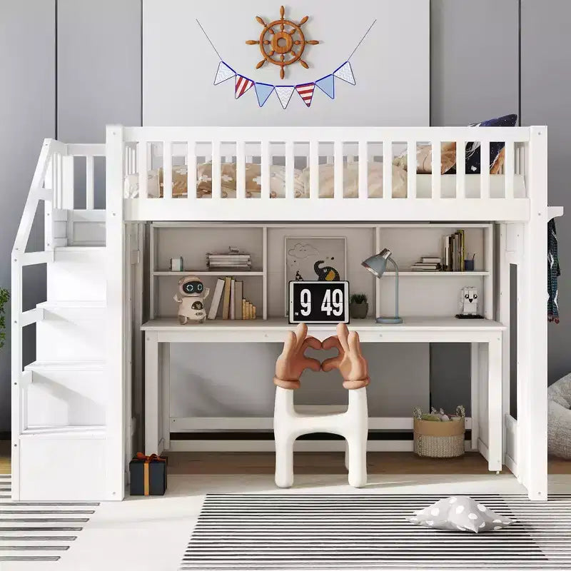 Bellemave Letto a soppalco singolo con scrivania mobile, scale contenitore e mensola, nessuna molla a scatola richiesta