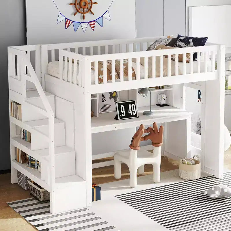 Bellemave Letto a soppalco singolo con scrivania mobile, scale contenitore e mensola, nessuna molla a scatola richiesta