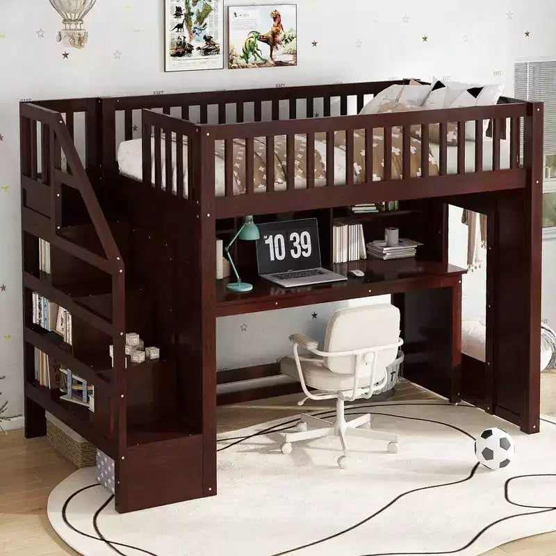 Bellemave Letto a soppalco singolo con scrivania mobile, scale contenitore e mensola, nessuna molla a scatola richiesta
