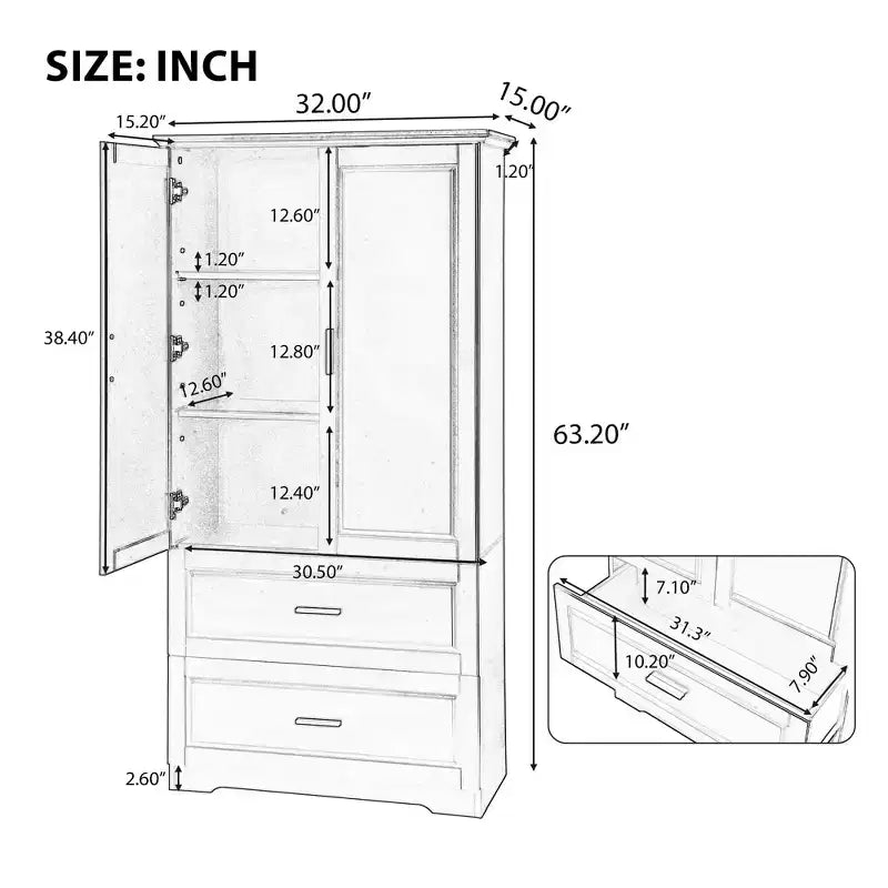 CASAINC Mobiletto da bagno alto con due ante e cassetti, ripiano regolabile, pannello in MDF