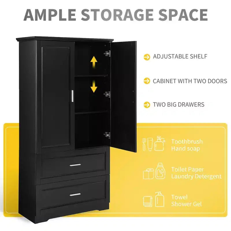 CASAINC Mobiletto da bagno alto con due ante e cassetti, ripiano regolabile, pannello in MDF