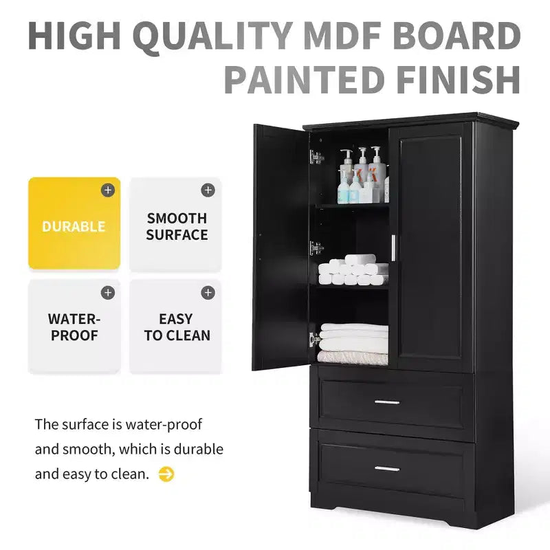 CASAINC Mobiletto da bagno alto con due ante e cassetti, ripiano regolabile, pannello in MDF