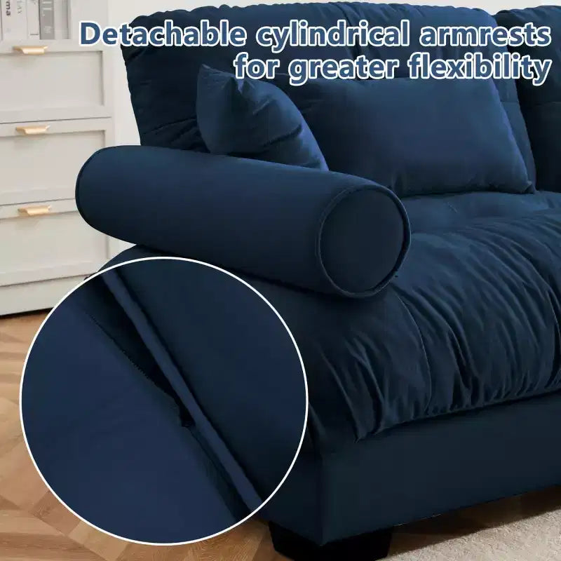 Divano modulare moderno a 2 posti in velluto con pouf, cuscini a nuvola e braccioli rotondi, divano a L per soggiorno o salotto - Panipeachy