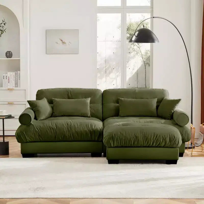 Divano modulare moderno a 2 posti in velluto con pouf, cuscini a nuvola e braccioli rotondi, divano a L per soggiorno o salotto - Panipeachy