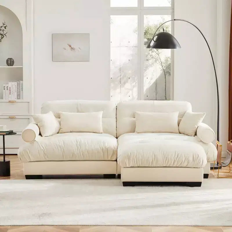 Divano modulare moderno a 2 posti in velluto con pouf, cuscini a nuvola e braccioli rotondi, divano a L per soggiorno o salotto - Panipeachy