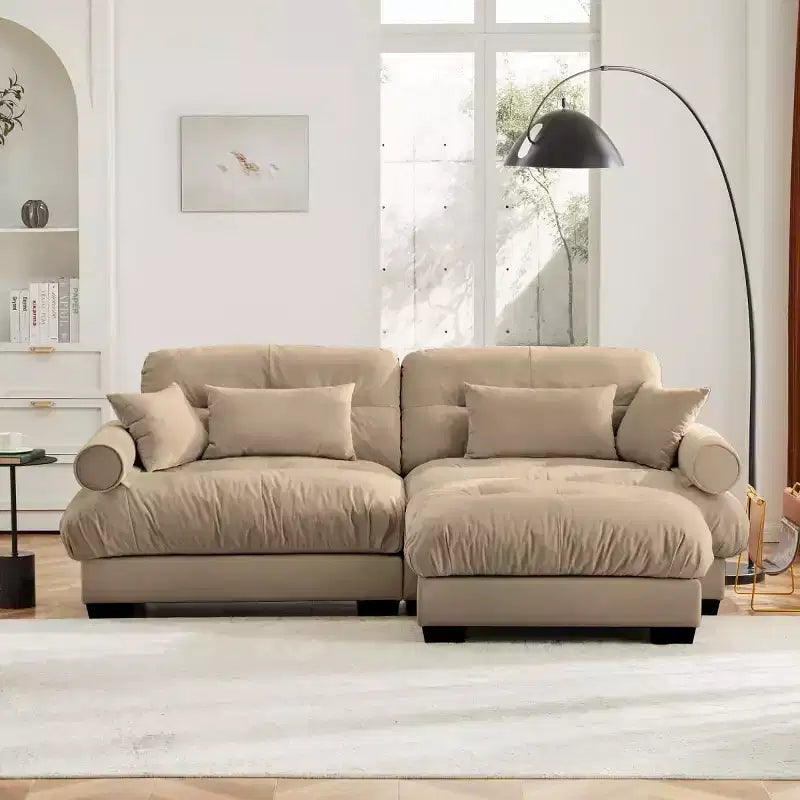 Divano modulare moderno a 2 posti in velluto con pouf, cuscini a nuvola e braccioli rotondi, divano a L per soggiorno o salotto - Panipeachy