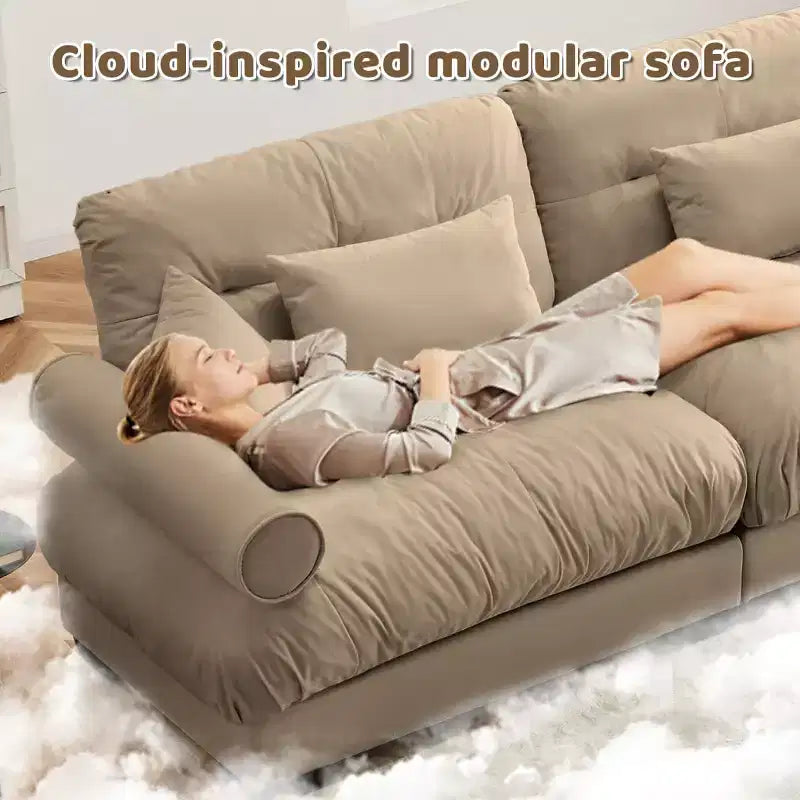 Divano modulare moderno a 2 posti in velluto con pouf, cuscini a nuvola e braccioli rotondi, divano a L per soggiorno o salotto - Panipeachy
