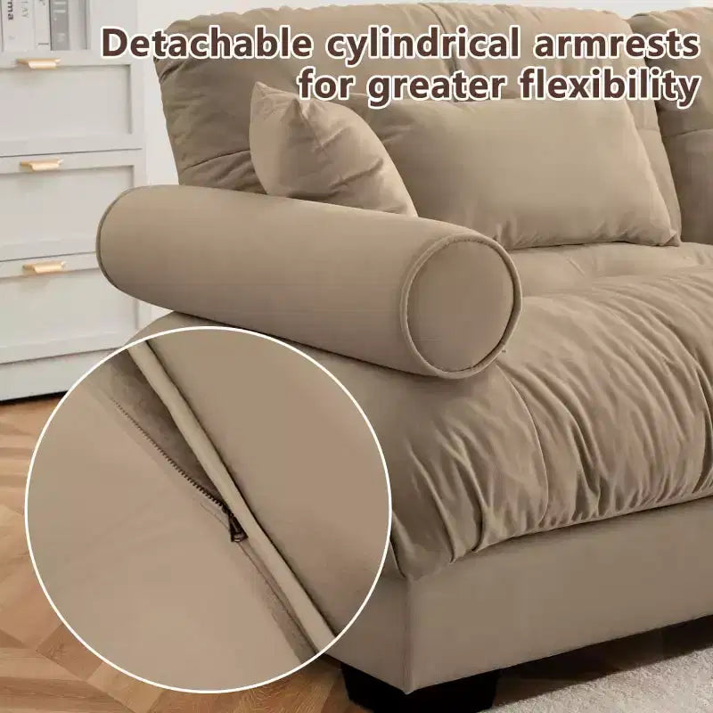 Divano modulare moderno a 2 posti in velluto con pouf, cuscini a nuvola e braccioli rotondi, divano a L per soggiorno o salotto - Panipeachy