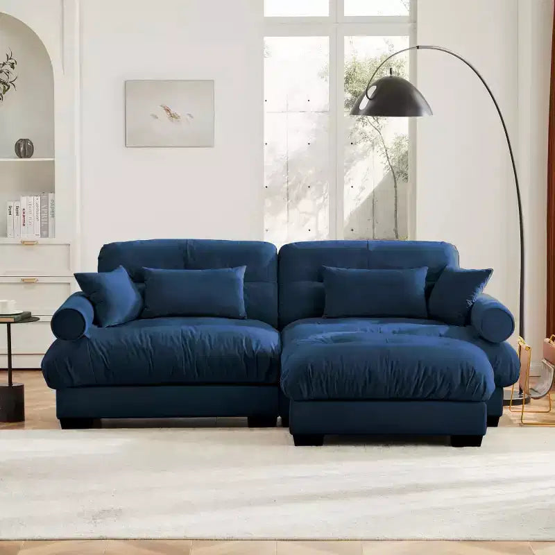 Divano modulare moderno a 2 posti in velluto con pouf, cuscini a nuvola e braccioli rotondi, divano a L per soggiorno o salotto - Panipeachy