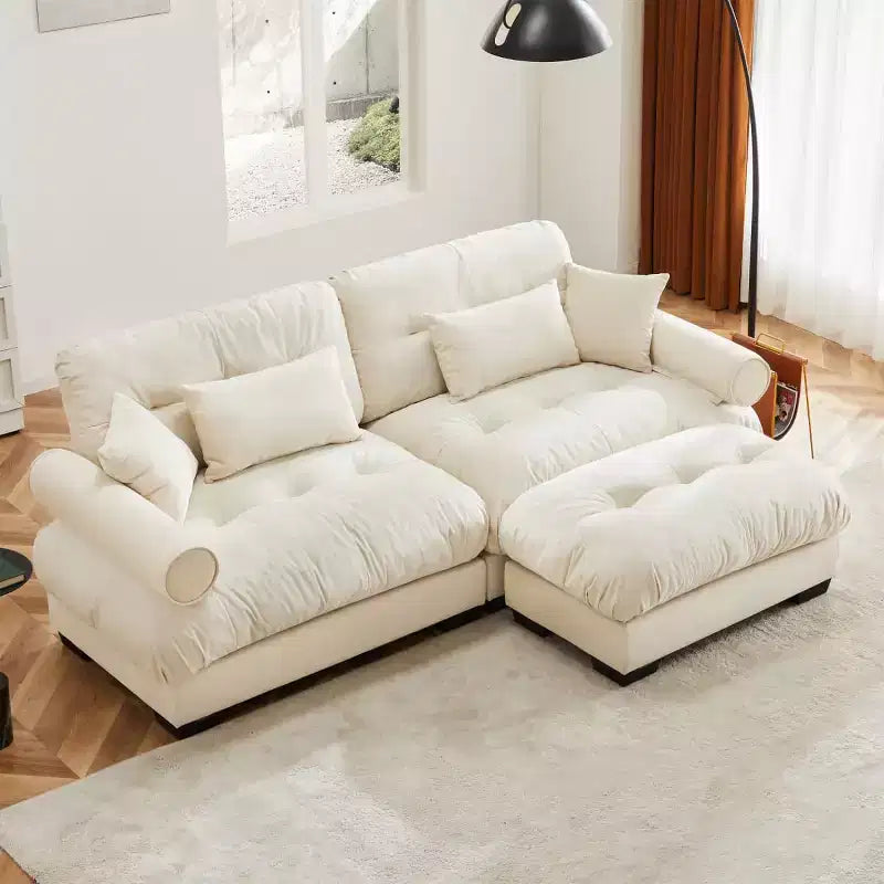 Modern 2-Seater Velvet Modular Sofa with Ottoman, Cloud-Like Cushions and Round Armrests, L-Shape Couch for Living Room or Lounge - Panipeachy