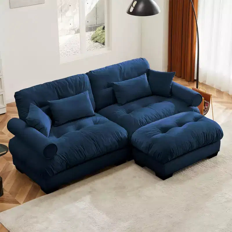 Divano modulare moderno a 2 posti in velluto con pouf, cuscini a nuvola e braccioli rotondi, divano a L per soggiorno o salotto - Panipeachy