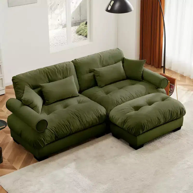 Divano modulare moderno a 2 posti in velluto con pouf, cuscini a nuvola e braccioli rotondi, divano a L per soggiorno o salotto - Panipeachy