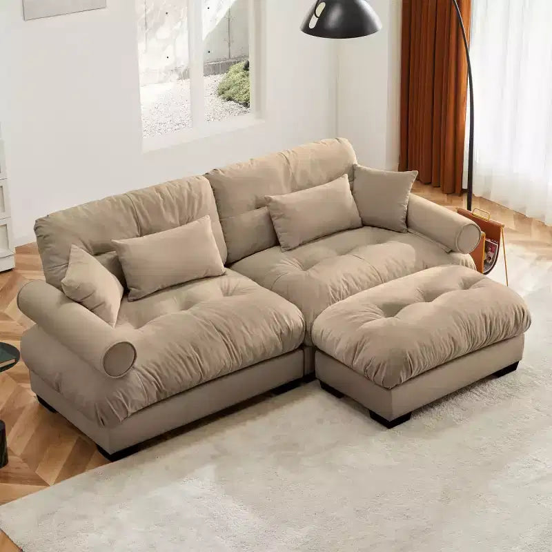 Divano modulare moderno a 2 posti in velluto con pouf, cuscini a nuvola e braccioli rotondi, divano a L per soggiorno o salotto - Panipeachy