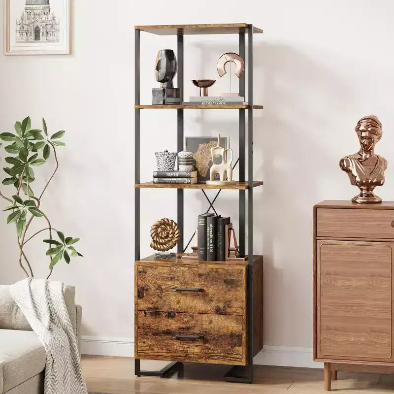 Libreria a 4 ripiani con cassetti portaoggetti, scaffale aperto alto 180 cm per soggiorno, camera da letto, ufficio
