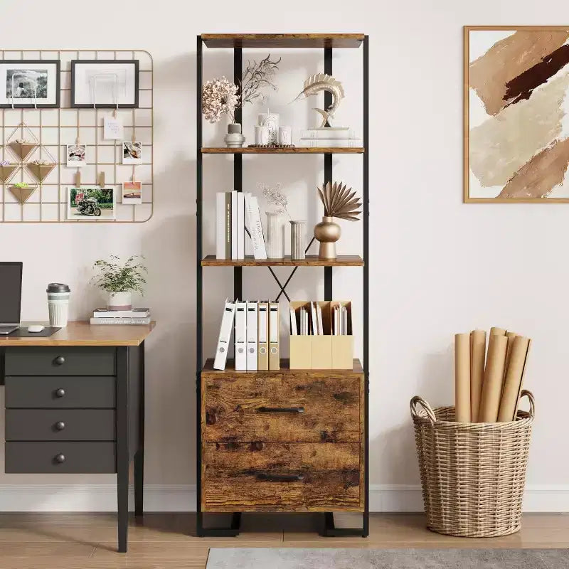 Libreria a 4 ripiani con cassetti portaoggetti, scaffale aperto alto 180 cm per soggiorno, camera da letto, ufficio