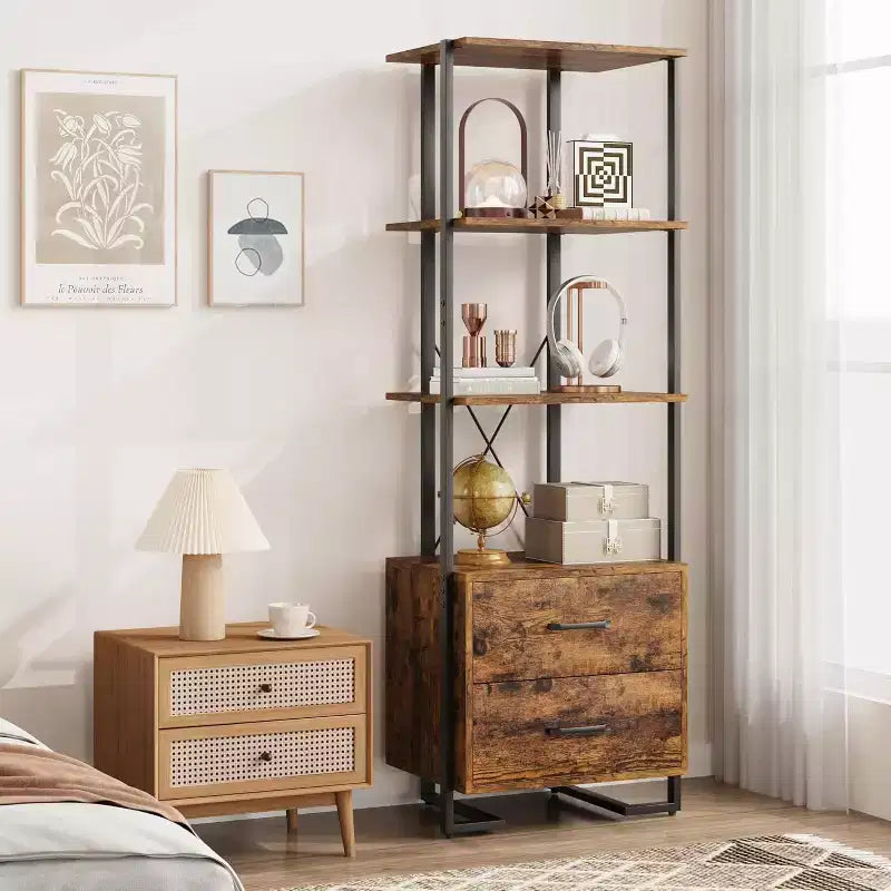 Libreria a 4 ripiani con cassetti portaoggetti, scaffale aperto alto 180 cm per soggiorno, camera da letto, ufficio