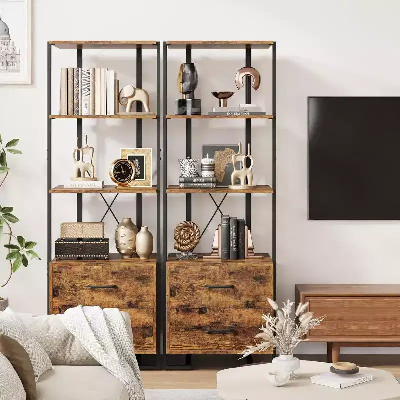 Libreria a 4 ripiani con cassetti portaoggetti, scaffale aperto alto 180 cm per soggiorno, camera da letto, ufficio