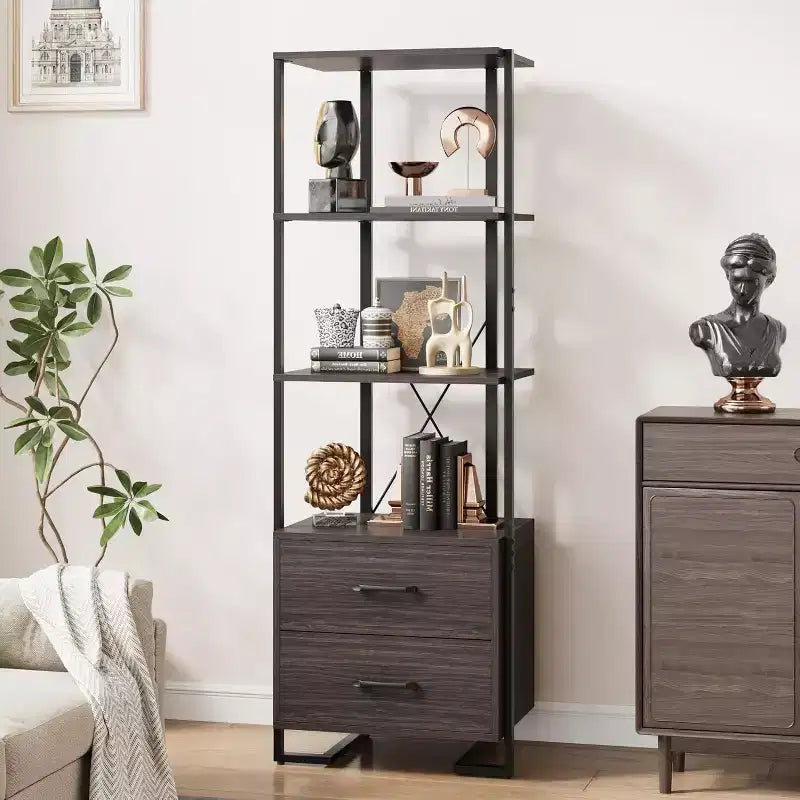 Libreria a 4 ripiani con cassetti portaoggetti, scaffale aperto alto 180 cm per soggiorno, camera da letto, ufficio